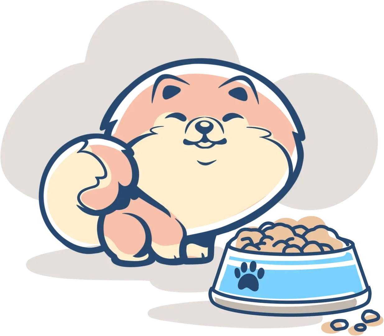 A bowl of high-quality Pomeranian kibble, with a small Pomeranian approaching for a meal - Guide to correct nutrition.